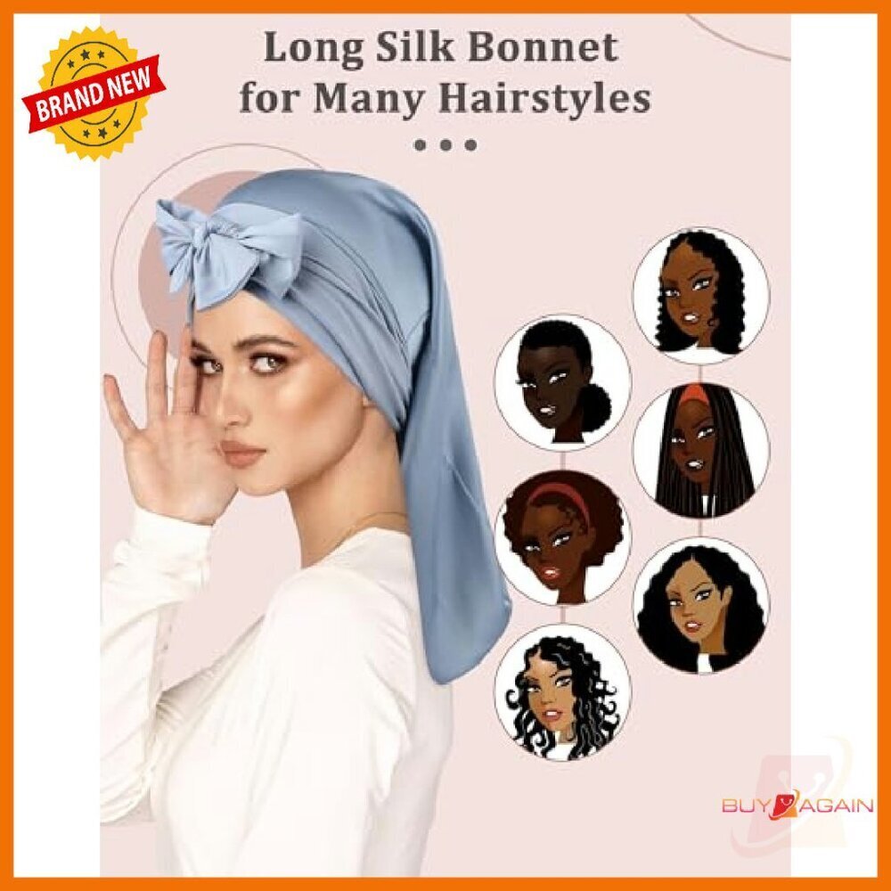 100% Mulberry Silk Sleep Bonnet for Long Hair, Adjustable Straps - Picture 4 of 7
